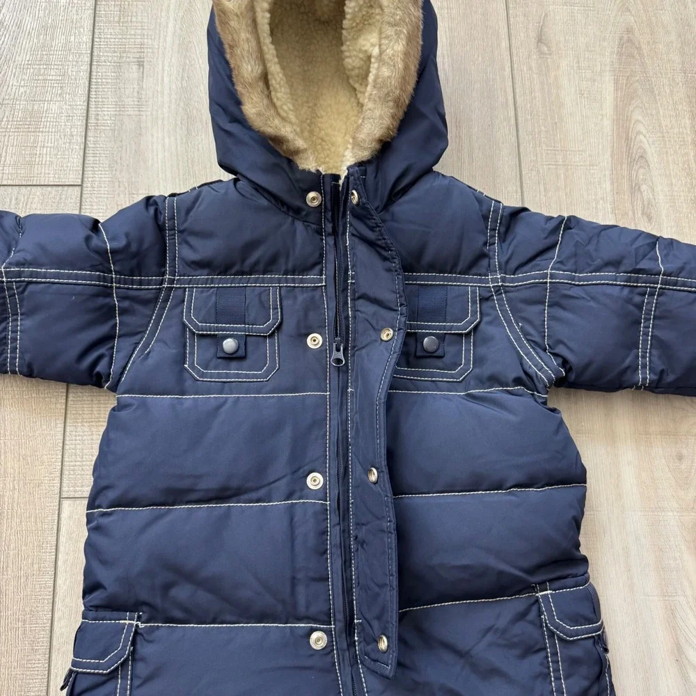BabyGap Puffer Snowsuit Baby 6-12 Months Navy Blue Faux Fur Hood Down Fill
